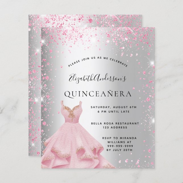 Invitation de budget de robe argentée rose pour Qu (Devant / Derrière)