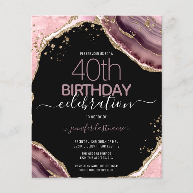 Invitation de budget en agate rose violet pour 40e (Devant)