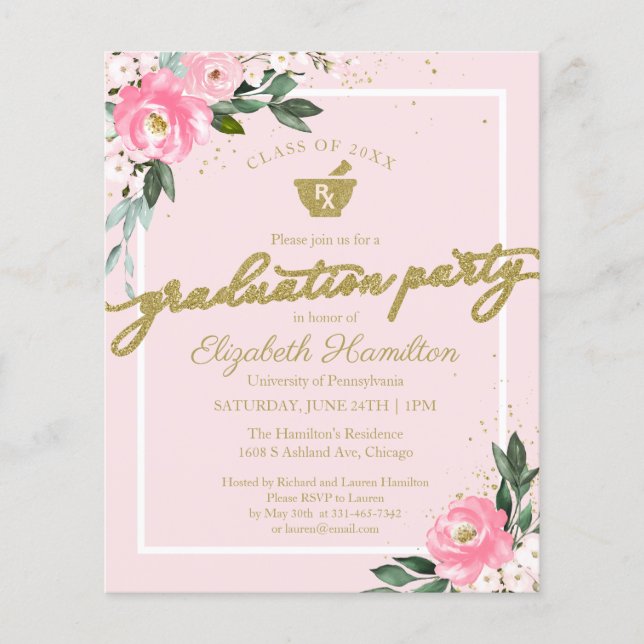 Invitation de budget pour pharmacie Fête de gradua (Devant)