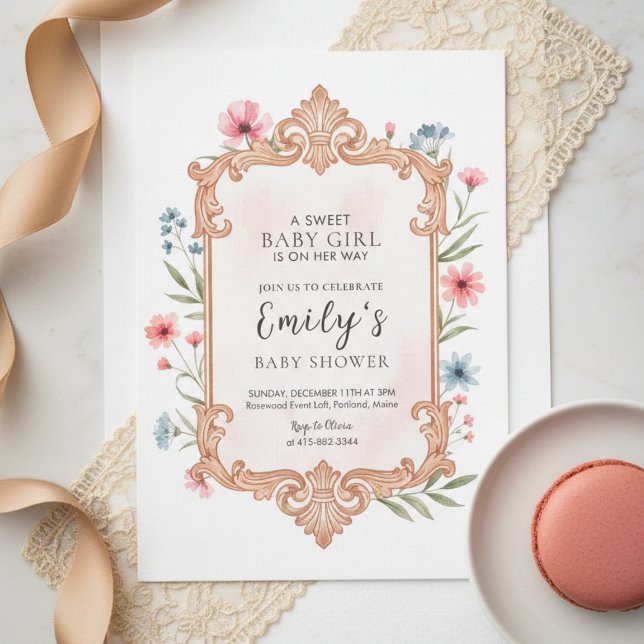 Invitation de cadre pour Baby Shower Fille Floral (Créateur téléchargé)