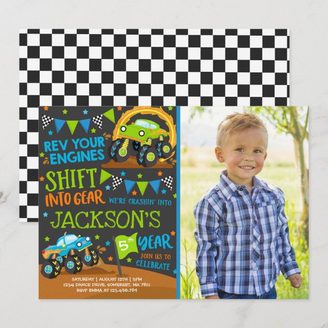 Invitation de camion monstre Anniversaire de camio (Devant / Derrière)