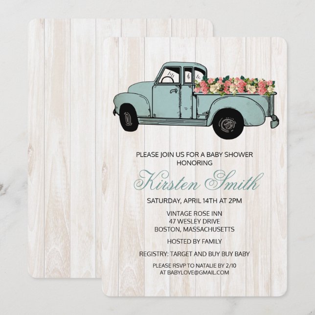 Invitation de camion pour Baby Shower Floral Rusti (Devant / Derrière)