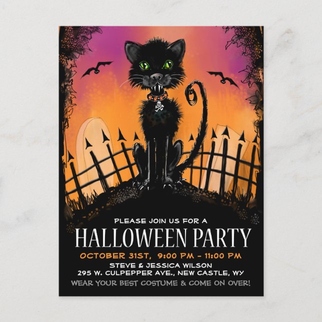 Invitation de carte postale - Chat d'Halloween noi (Devant)