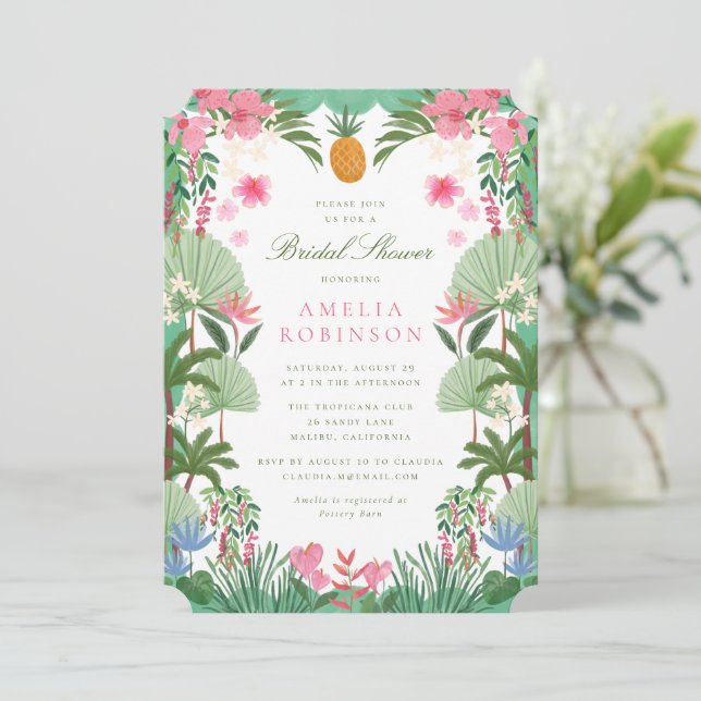 Invitation de carton de douche de mariée tropicale (Debout devant)