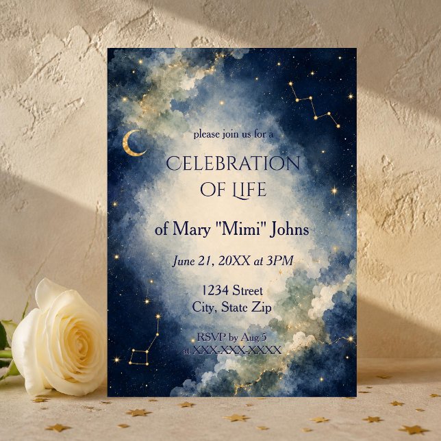 Invitation de célébration céleste de la vie en ble (Peaceful celestial celebration of life invitation with watercolor clouds, moon and gold stars.)