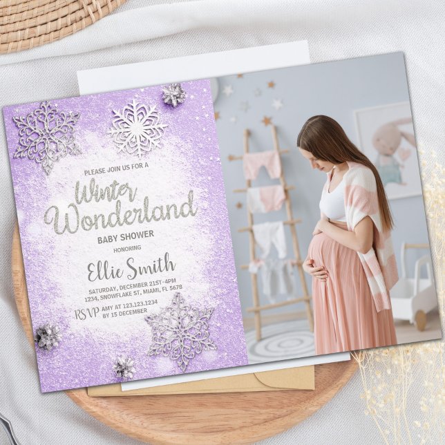 Invitation de célébration de la fête du bébé de fl (Purple Winter Baby Shower Invitations with photo)