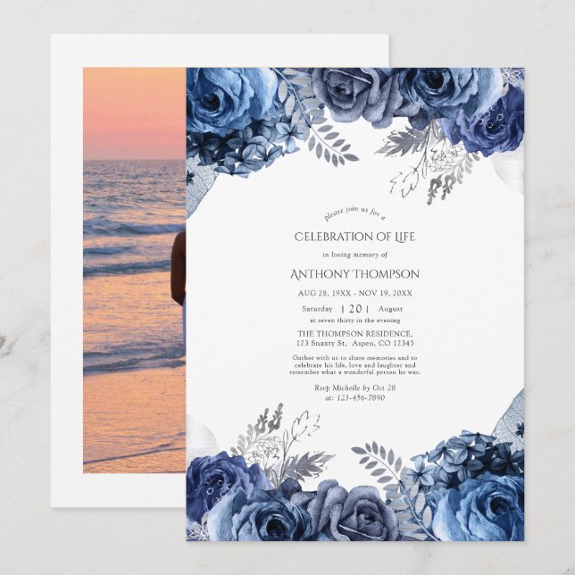 Invitation de célébration de la vie florale Navy e (Devant / Derrière)