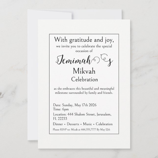 Invitation de célébration de Mikvah, Moderne Simpl (Devant)