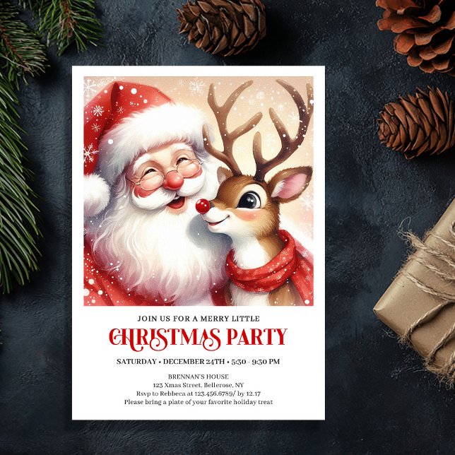 Invitation de célébration de vacances de Père Noël (Whimsical Santa Rudolph Holiday Celebration Invite)