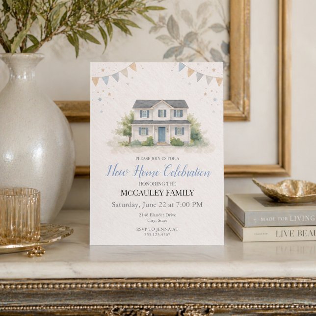 Invitation de charme pour une nouvelle maison bleu (Soft blue housewarming celebration with watercolor home and charming banner details)