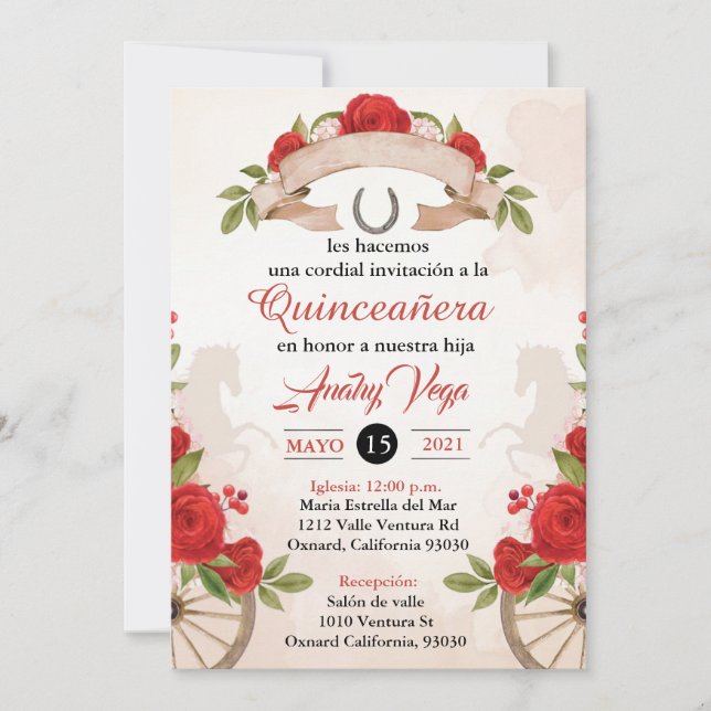 Invitation de Charro/Huapango Quinceanera, Roses r (Devant)