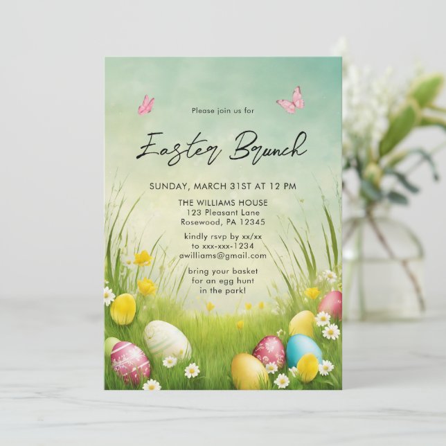 Invitation de chasse aux œufs de brunch de Pâques  (Debout devant)