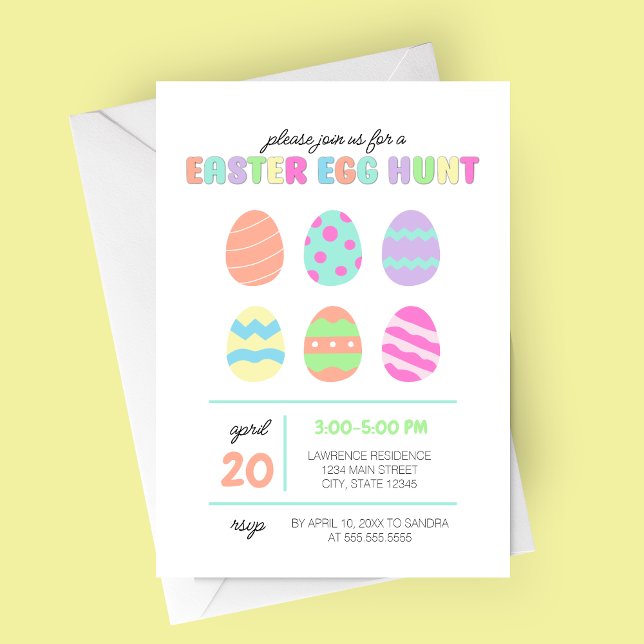 Invitation de chasse aux oeufs de Pâques minimalis (Minimalist Modern Easter Egg Brunch and Egg Hunt Party Invitation with six adorable colored eggs)
