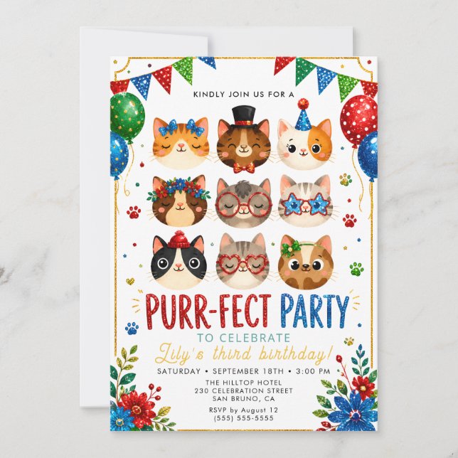 Invitation de chaton pastel mignon pour les filles (Devant)
