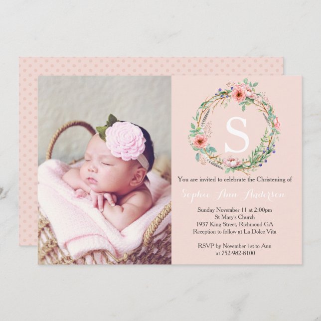 Invitation de Christening Girls - Wreath rose (Devant / Derrière)