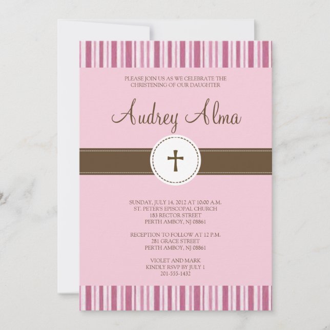Invitation de Christening Pink Stripe - Fille (Devant)