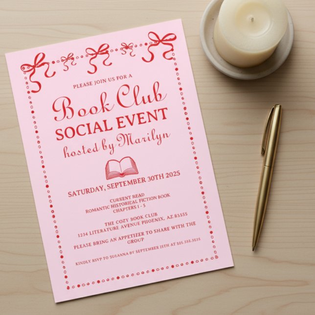 Invitation de club de lecture coquette rose rouge  (please remove the background and create a mockup style with this invitation on a light natural wood )