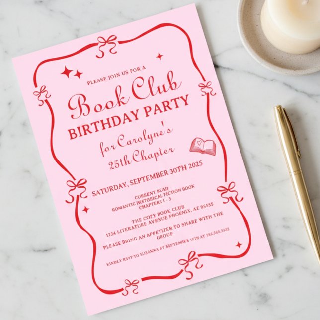 Invitation de club de lecture coquette rose rouge  (red and pink hand drawn doodle coquette bow book club birthday new chapter invitation)