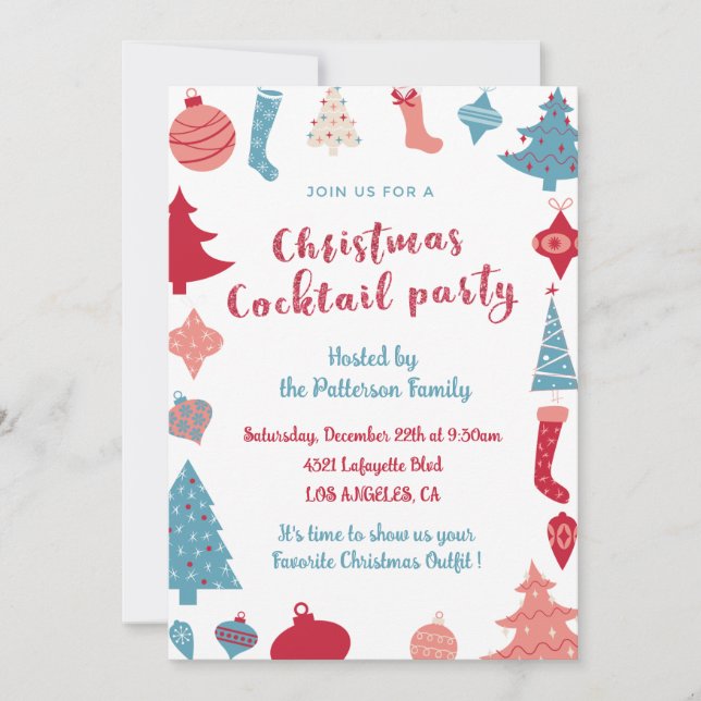 Invitation de cocktail de Noël rose et bleu mignon (Devant)