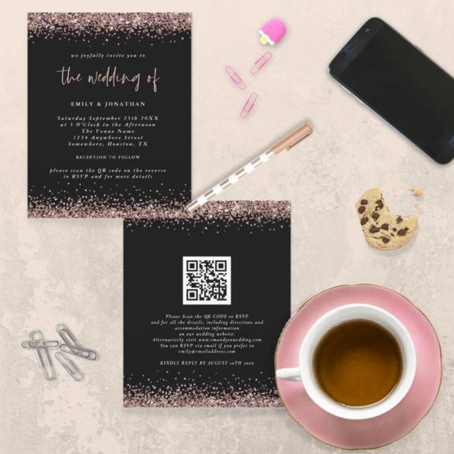 Invitation de code QR du Mariage Gold du Rose de P (Créateur téléchargé)