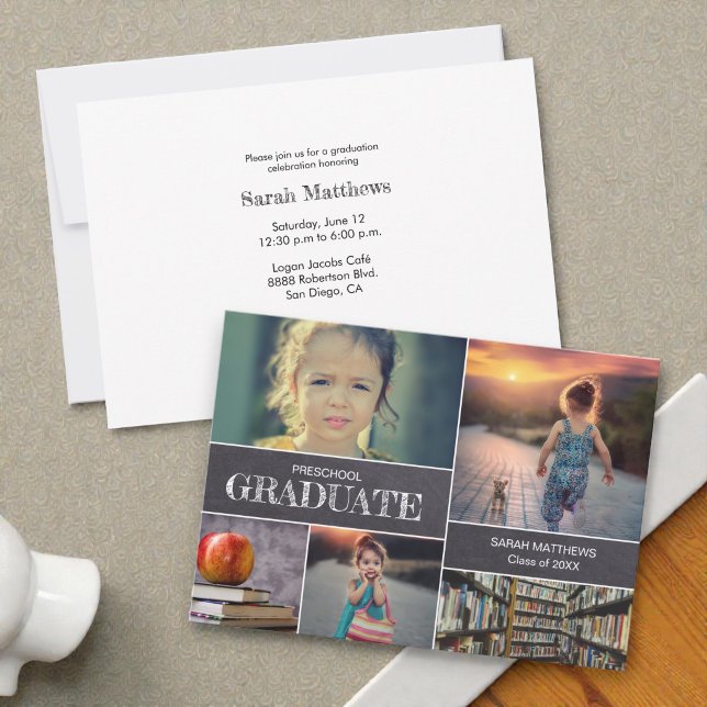 Invitation de collage de photos de fin d'études pr (Custom Preschool graduation party invitation with photo collage.)
