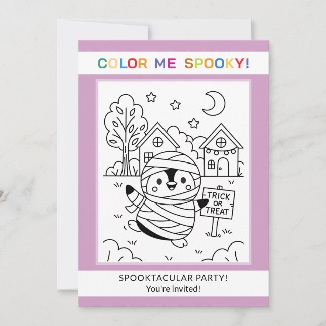 Invitation de coloriage d'Halloween de manchot mig (Devant)