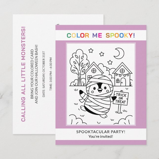 Invitation de coloriage d'Halloween de pingouin po (Devant / Derrière)