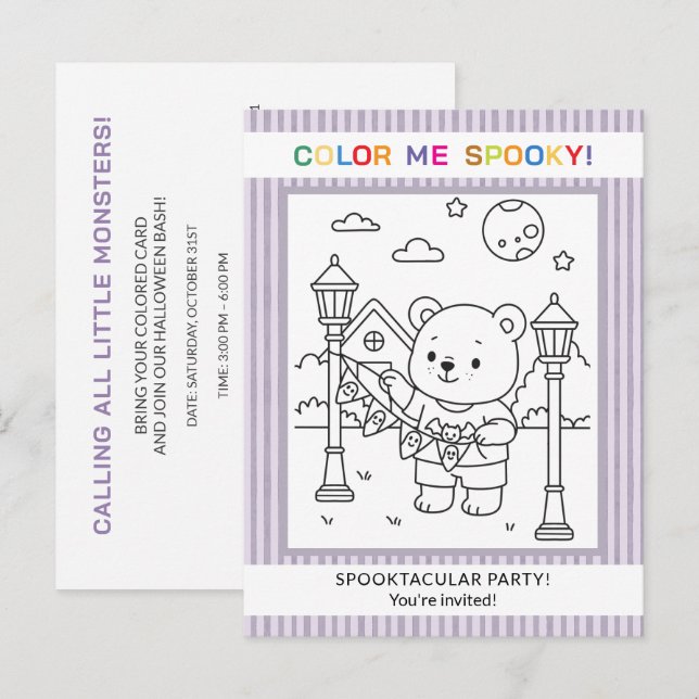 Invitation de coloriage d'Halloween Ourson et Fant (Devant / Derrière)
