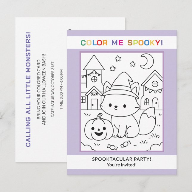 Invitation de coloriage d'Halloween pour enfants a (Devant / Derrière)