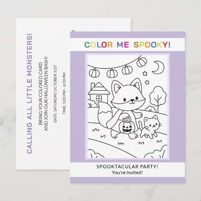Invitation de coloriage Halloween Animaux & Citrou (Devant / Derrière)