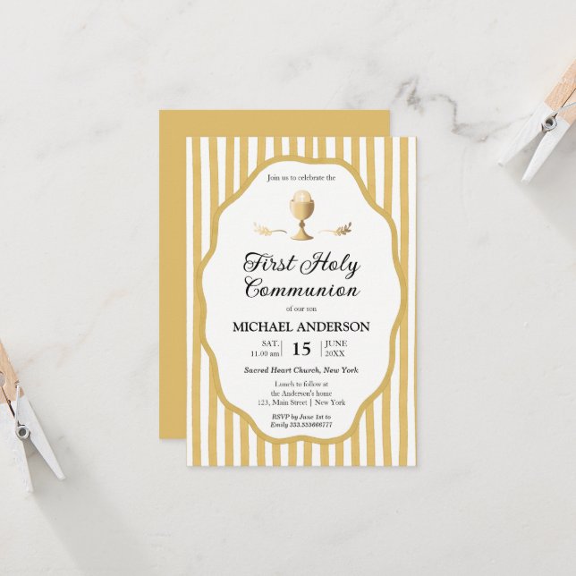 Invitation de Communion rayée avec une épingle jau (Devant/Arrière en situation)
