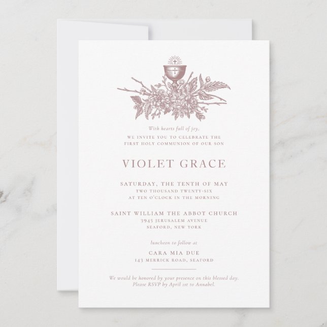 Invitation de communion Vintage rose (Devant)