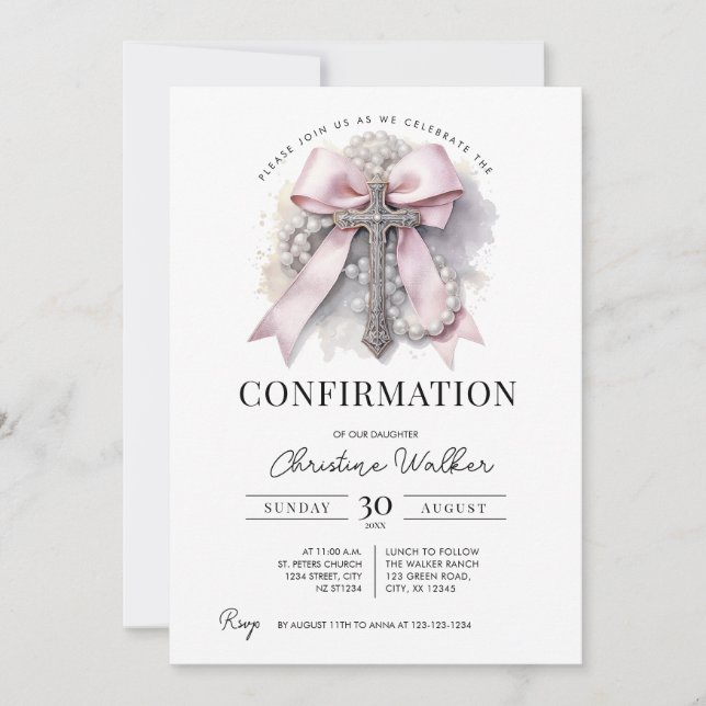 Invitation de confirmation avec un ruban rose et u (Devant)