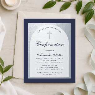 Invitation de confirmation bleu marine argenté bud