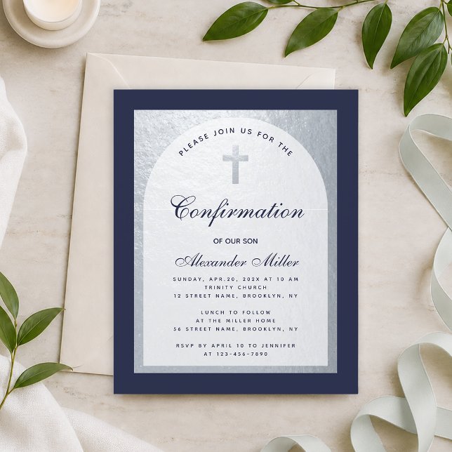 Invitation de confirmation bleu marine argenté bud (Créateur téléchargé)