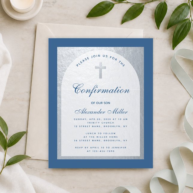 Invitation de confirmation Classique Bleu Argent B (Créateur téléchargé)