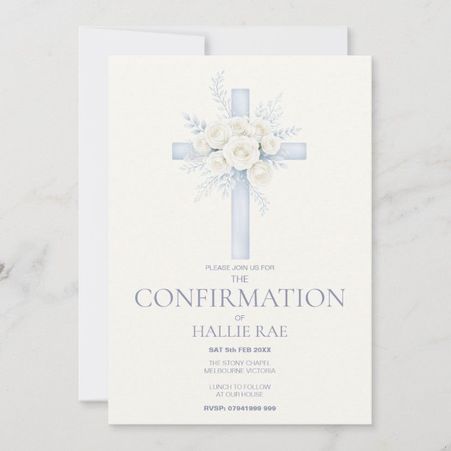 Invitation de Confirmation, Croix Florale Bleue Mo (Devant)