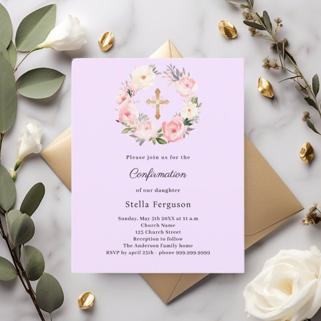 Invitation de confirmation croix florales lavande (Créateur téléchargé)