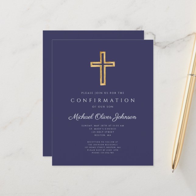 Invitation de confirmation de croix bleu marine à  (Devant/Arrière en situation)