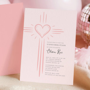 Invitation de confirmation de croix de cœur rose