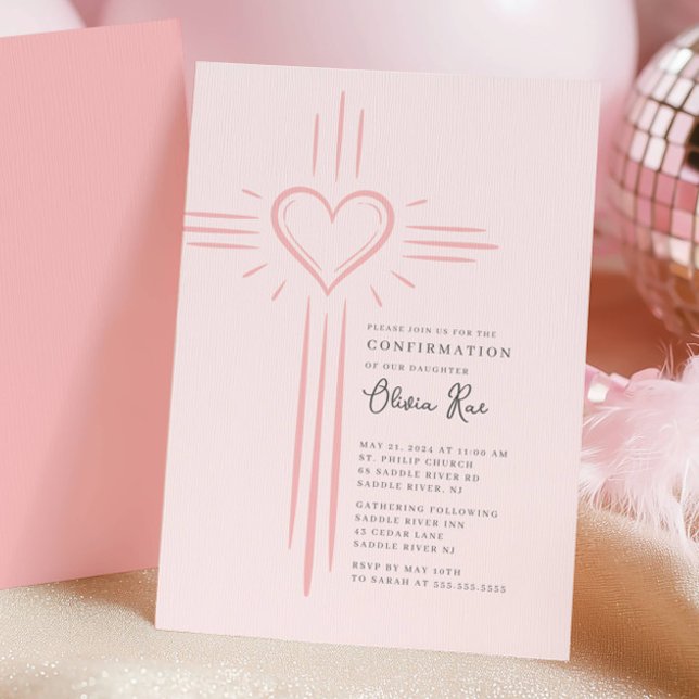 Invitation de confirmation de croix de cœur rose (Créateur téléchargé)