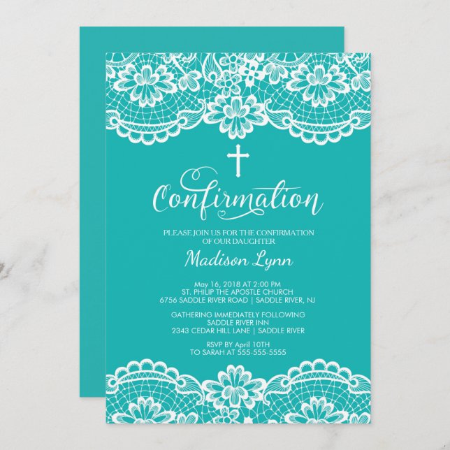 Invitation de confirmation de dentelle Vintage tur (Devant / Derrière)