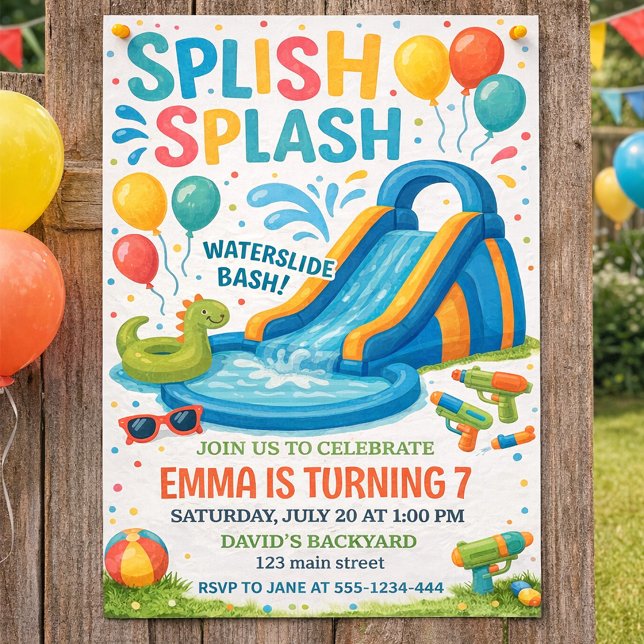 Invitation de confirmation de fille rustique (Splash Splash Birthday Invitation Water Slide Pool Party for Kids)