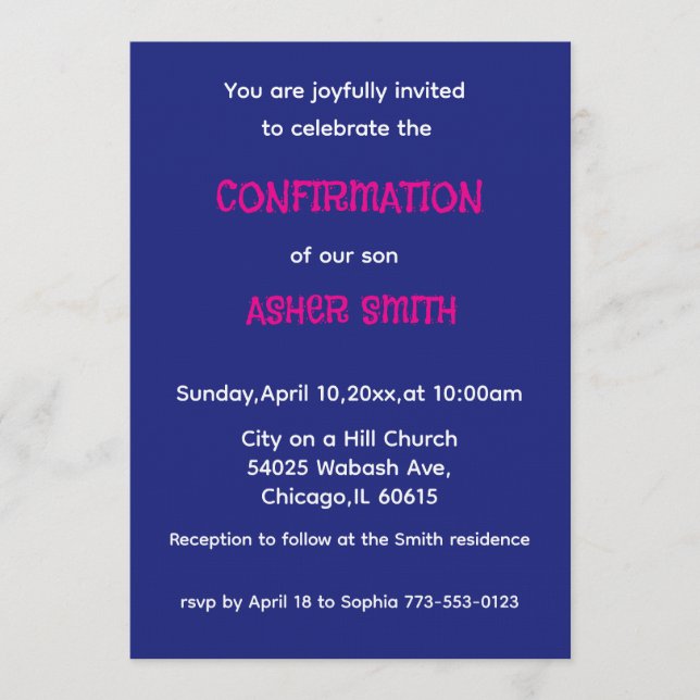 Invitation de confirmation de fils bleu royal et m (Devant)