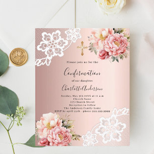 Invitation de confirmation de fleurs roses en or r