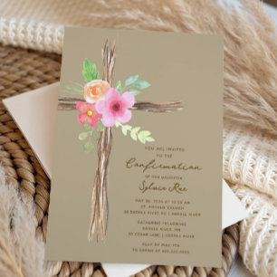 Invitation de confirmation de la croix rustique fl