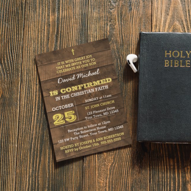 Invitation de confirmation de l'or en bois de Barn (Créateur téléchargé)