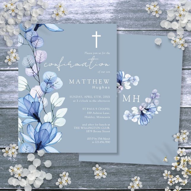 Invitation de confirmation d'or bleu bleu foncé (Dusty Blue Floral Gold Confirmation Invitation Postcard)