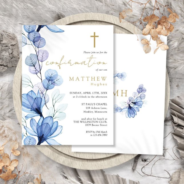 Invitation de confirmation d'or bleu bleu foncé (Dusty Blue Floral Gold Confirmation Invitation Postcard)