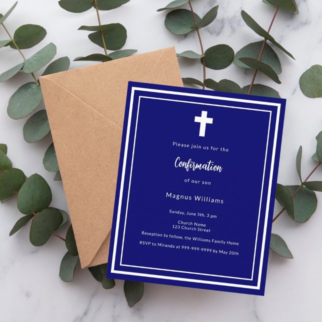 Invitation de confirmation du garçon bleu marine (Créateur téléchargé)
